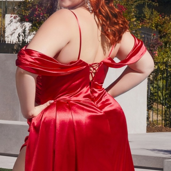 Plus size black,emerald,purple lavender, red off the shoulder lace up back dress - Picture 6 of 8